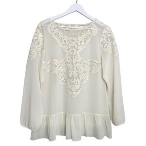 Sundance Women’s Embroidered 3/4 Sleeve Round Neck Sheer Top Off‎ White Medium